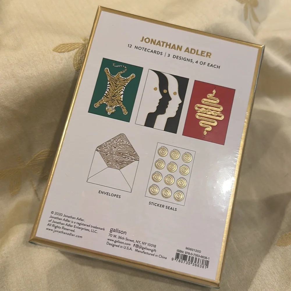 Jonathan Adler Atlas & Animals Boxed Metallic Notecards / Stationary. Set of 12.